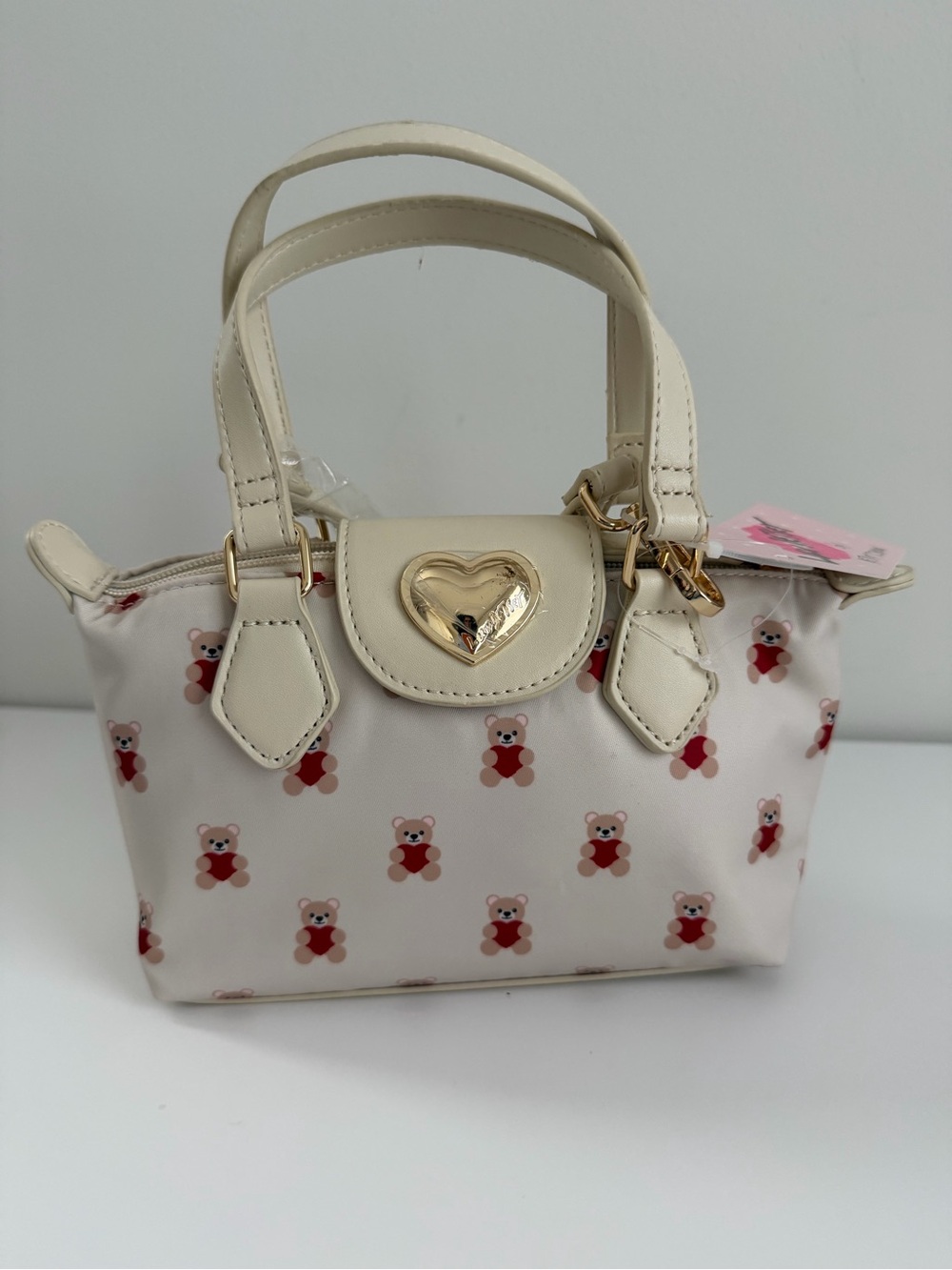 Cream Teddy Print Top-Handle Bag with Gold Heart Accent